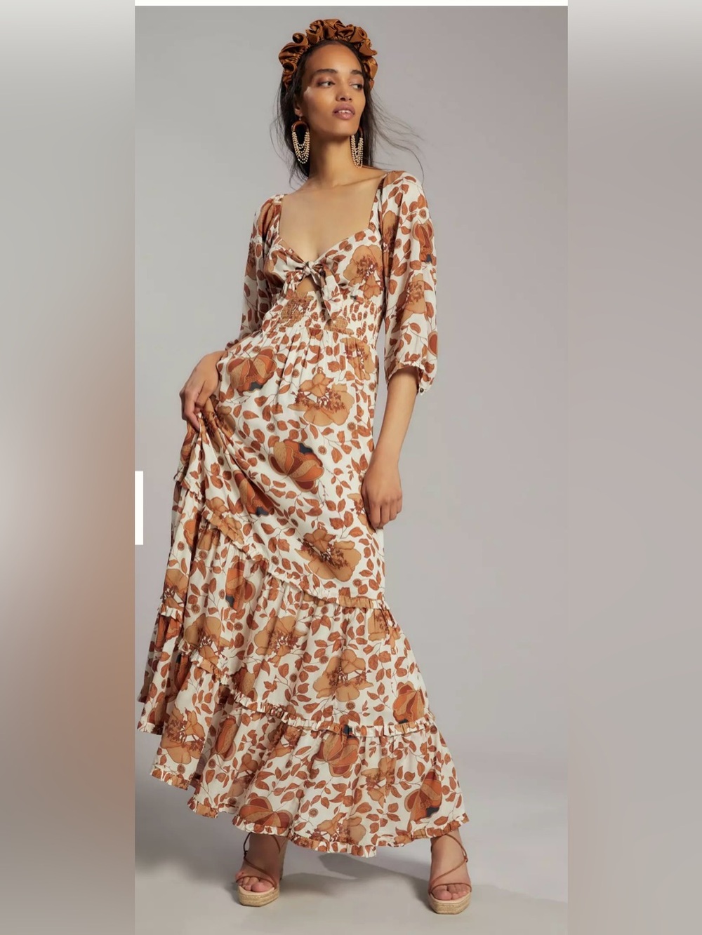 Anthropology Floral Tie-Front Maxi Dress in Cream and Brown. Size S